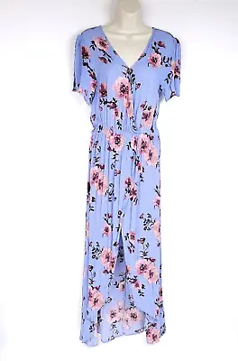 Miami Womens Maxi Romper Dress M Blue Floral Short Sleeve V Neck • $15.99