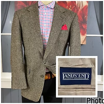 Vintage LandsEnd Tweed Blazer Men 42R Herringbone Wool Sport Coat Jacket Brown • $71.10