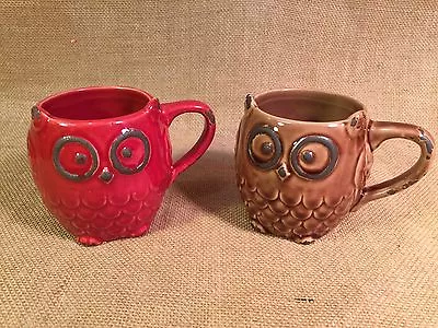 Set Of 2 Rustic Retro Vintage Owl Mugs Coffee Cups Red & Brown  • $12.99