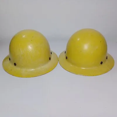 Vintage MSA Fiberglass Hard Hats Round Dome Full Wide Brim Yellow Safety Helmets • $29.90