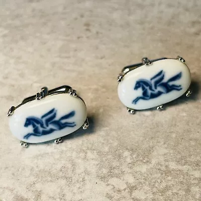 Vintage Cufflinks Pegasus Flying Horse Greek Mythology Blue White Silver Tone • $28