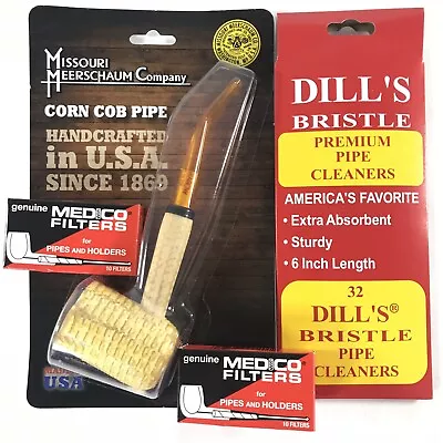 Missouri Meerschaum  BENT  Corn Cob Pipe Dill's Cleaners & Medico Filters • $21.21