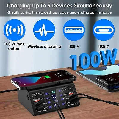 100W 8 Port Multi USB-C PD QC3.0 Fast Charger Phone Wireless Charging Station • $36.33