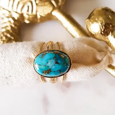 Gift Crystal Gemstone Turquoise Blue Ring 24K Gold Plated 3 Bands Chakra Heal • £40.50