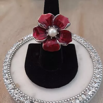Vintage Red Flower Pearl Ring Adjustable • $25