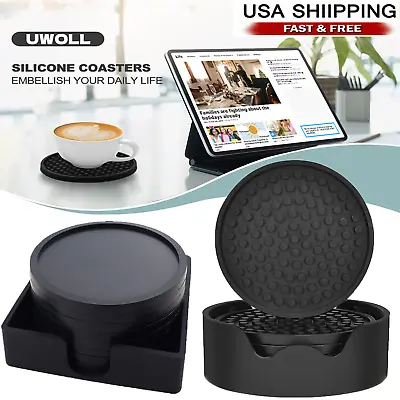 $8.69 • Buy Silicone Drinks Coasters Non-Slip Cup Mat Pad With Holder Round Rubber 6 8 PCS