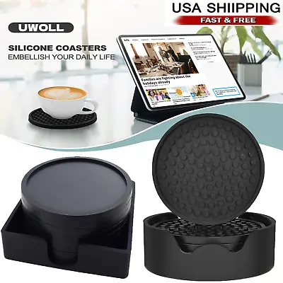 Silicone Drinks Coasters Non-Slip Cup Mat Pad With Holder Round Rubber 6 8 PCS • $8.05