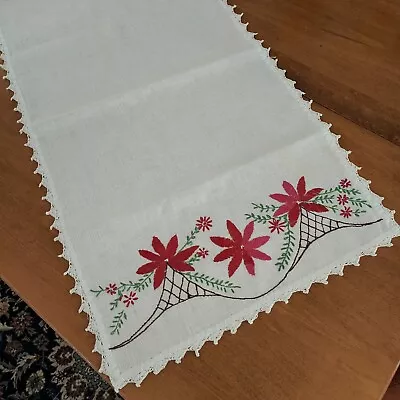 Vintage Floral Christmas Hand Embroidery White Linen Table Runner Dresser Scarf • $19.99