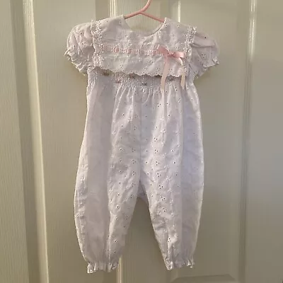 Vintage BT Kids White Smocked Embroidered Eyelet Bubble Romper Girls 6-9 Months • $14.99