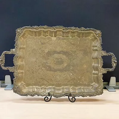 Vintage Metal Brass Serving Tray With Ornate Handles 25” X 15.75” Heavy Metal • $59.99