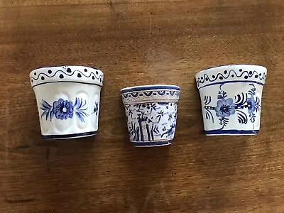 Trio Of Vintage Wall Pocket Vases Blue & White Ceramic Hand-Painted Portuguese • £20