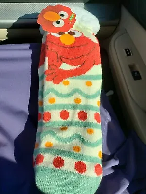 New 15  Adult Elmo Christmas Sherpa Socks Striped Green Sesame St Tread Bottom • $20.99