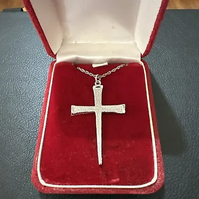  Sterling Silver 925 Religious Nail Cross Pendant Unisex Large Textured W/ Chain • $39.99