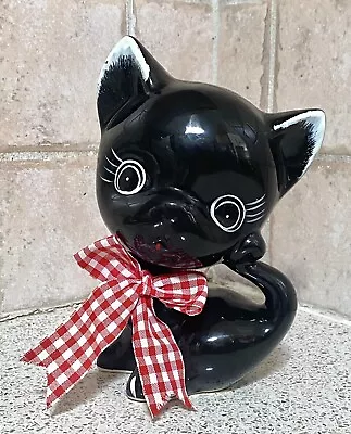 Vintage Ceramic Black  Kitsch Kitty Cat Ornament With Red & White Gingham Bow • $20