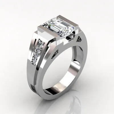 Men's Modern 3.00 Carat White Emerald Cut Simulated Diamond Ring In 925 Silver • $111.99