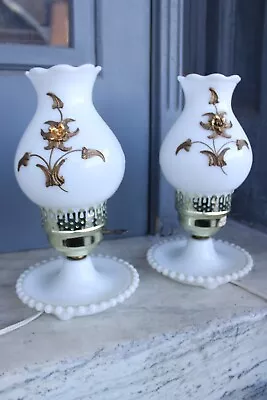 Pair Vintage Milk Glass Hurricane Lamps With Gold Flowers • $59.97