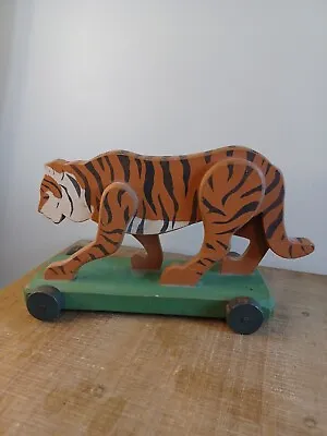 Wooden Vtg Striped Tiger Animal Figure On Cart Handmade  Table Top Decoration  • $15