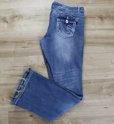 Vanity Kennedy Flap Pockets Bootcut 32W 31L Destroyed Low Rise Blue Jeans Womens • $18.50