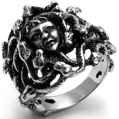 Greek Mythology Medusa Snake Haired Stainless Steel Mens Ring Black Silver Tone • $10.99