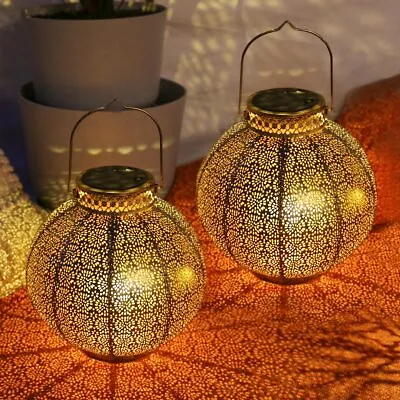 £50.99 • Buy 25cm Solar Moroccan Metal Lantern LED Outdoor Hanging Garden Table Light Lamp