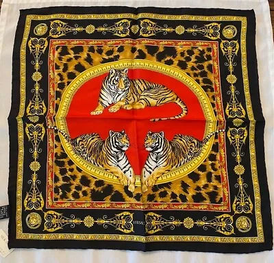 VERSACE Unisex Scarf Handkerchief 17  X 17  Silk Tiger Red Gold Black Italy NEW  • $120