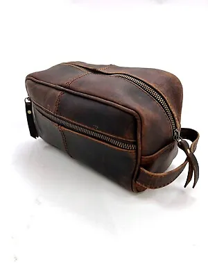 Genuine Buffalo Leather Toiletry Bag Travel Dopp Kit Shaving Case For Men Women • $36.10