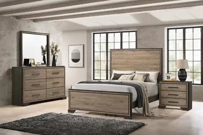 Rustic 4 Pc Faux Wood Taupe Queen Bed Ns Dresser Mirror Bedroom Furniture Set • $1499