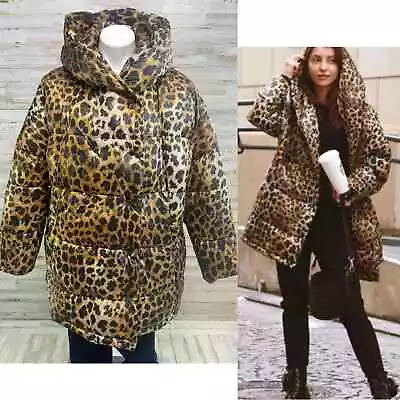 Zara Puffer Cheetah Animal Print Hooded Water Resistant Oversized Jacket Coat XS • $95