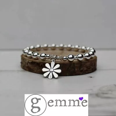 Gemme925 Sterling Silver Stretch Bracelet With Solid Daisy Charm - Chunky Style • £28