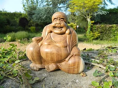 Wooden Buddha Carving - Hand Carved Sitting Fat Chinese Laughing Buddha 12cm • £16.99