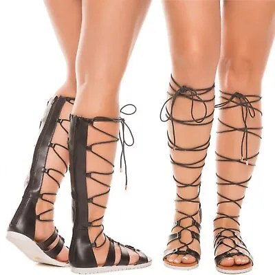 Sexy Black Faux Leather Strappy Gladiator Mid Calf Knee High Sandals Flat G3 • $19.99