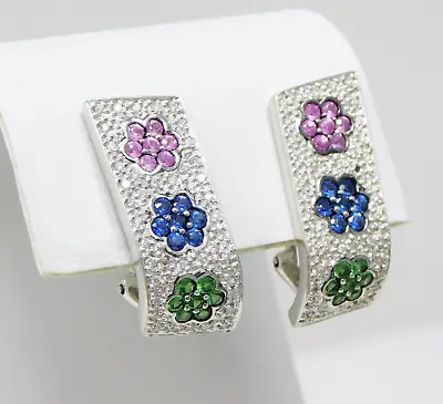 14 Kt White Gold Pair Of Pavè Diamond & Gemstone J Hoop Floral Earrings B2895 • $736