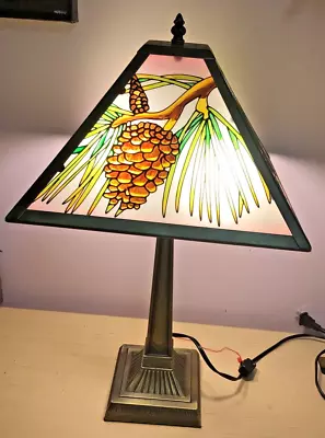 Vintage  Hand Painted Stained Glass Look Alike Rustic Pine Cone / Mission Lamp • $140