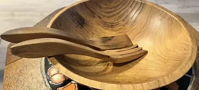 Vintage Wood Turned Bowl Wooden Salad Bowl Wooden MCM Bowl With Utensils • $12.95