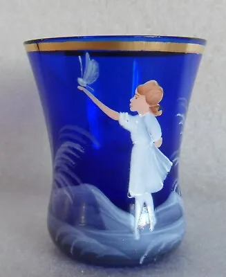 Vintage Mary Gregory Cobalt Blue Glass Vase Girl W/ Butterfly Bird Gold Accent • $32