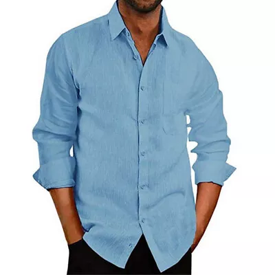 Mens Button Down Long Sleeve Solid Shirts Casual Fit Formal Dress Tops Tee Shirt • £11.99