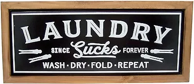 Metal Laundry Sign With Wooden Frame Funny Laundry Room Décor 23.5 Inches • £29.07