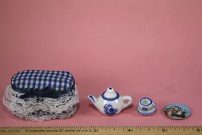 LOT Dollhouse Miniature Skirted Ottoman Teapot Cup Display Plate 1:12 Blue Theme • $11.99