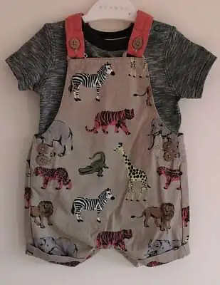 Baby Boys Jungle Animal Dungarees And Top 2 Piece Set Nutmeg New Baby NEW • £7.49