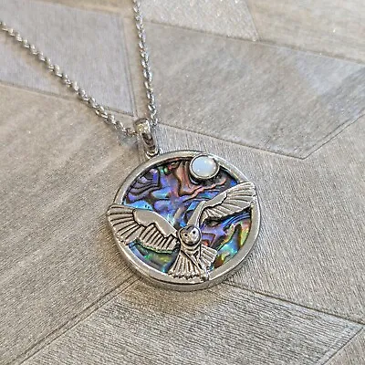 Lucky Paua Shell Barn Owl And Mother Of Pearl Moon Pendant Necklace Mothers Day  • $24.89