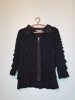 Erin London Women Sz L Blouse 3/4 Sleeve Full Zip Ruffled Black Drawstring Neck • $17.88