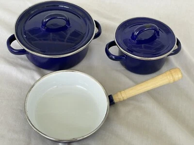 $9.50 • Buy VTG IKEA DUKTIG TOY PLAY CHILDRENS Blue Enamel Pots And Pans Set With Lids 5 Pc