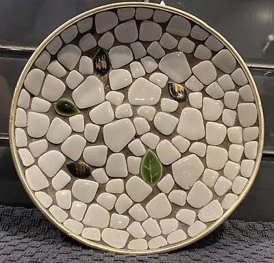 MCM Mosaic Tile Trinket BOWL Catchall Tray Japan Green LEAF Gold Metal Retro • $11.95