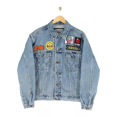 Vintage Wrangler Denim Jacket Patch Rock Custom Blue Mens Size L • $49.72