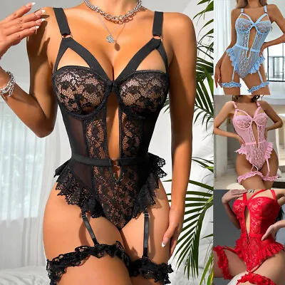 Women Lace Lingerie Set Body Stocking Bodysuit Underwear Nightwear Suspender Top • £9.55