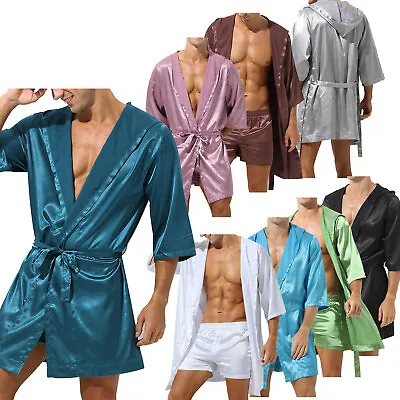 US Men See-Through Night-robe Satin Kimono Bathrobe Casual Nightwear Sleepwear • $20.69