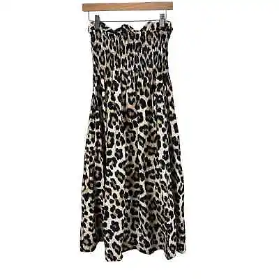 H&M Leopard Jaguar Animal Print Smocked Strapless Poplin Midi Dress L Large • $29.99