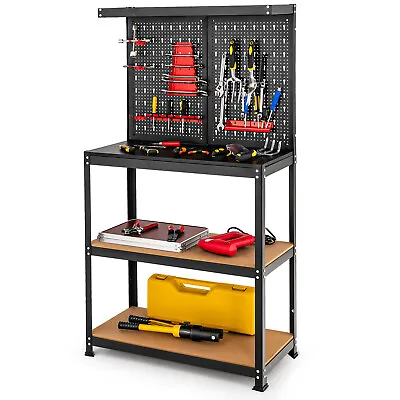 Tool Storage Workbench Heavy-duty Steel Tool Table W/ 2 Open Shelves & Pegboard • $99.99