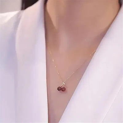 Golden Red Cherries Pendant Chain Necklace Zirconia Choker Charm Jewelry Gifts • $9.98