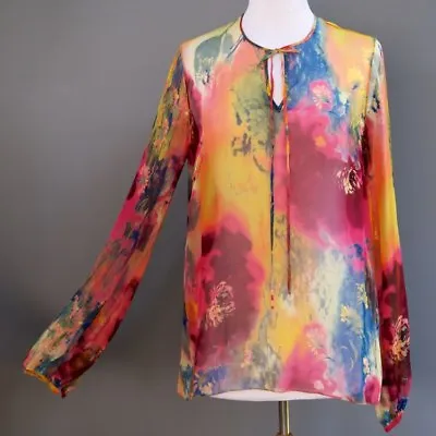 Maggie Ward 100% Silk Sheer Chiffon Peasant Blouse Tunic Top Painterly OS S M L • $39.99